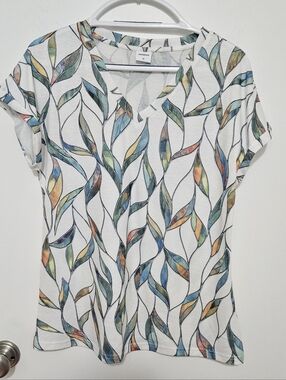 Xieerduo Women's Mixed Leaf Print V-Neck Top - White Multicolor‎ Medium